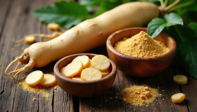 Ginseng root cut into slices, powder, and whole root on rustic wooden table. Various forms of this healthy herb displayed in natural light for wellness.