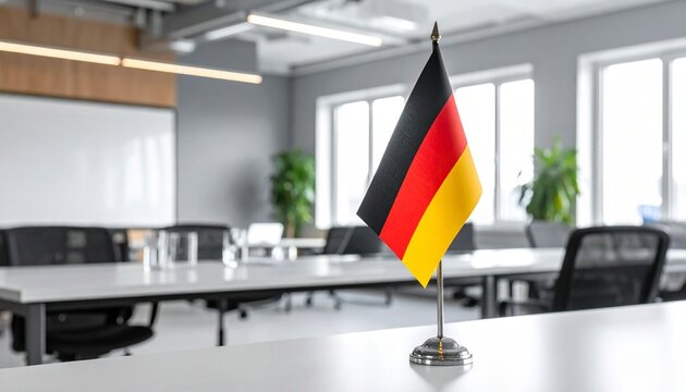 German national flag on desk in modern office, black-red-gold stripes, professional conference room with natural light.