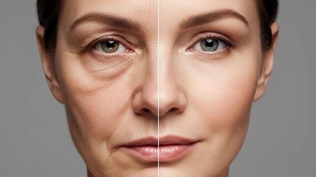 Drug and alcohol abuse effects contrasted with healthy lifestyle benefits on woman's face, aging signs, youthful appearance, skin health, life choices, wellness journey, visual impact