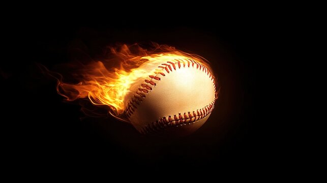 baseball. A baseball engulfed in flames against a dark backdrop, highlighting its stitching with an intense glow. event key visuals, club posters, designed for fitness apps and gym onboarding.