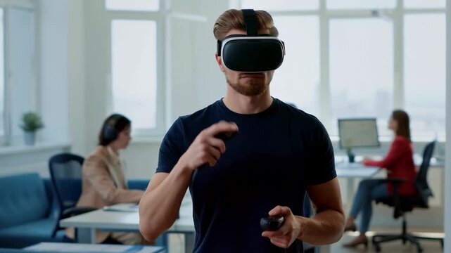 Young man using virtual reality headset in modern office environment. Engaging in immersive technology for training and collaboration