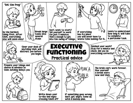Executive functioning and study skills practical advice worksheet for children. Educational coloring page with kids characters showing organization and time management tips, vector line art