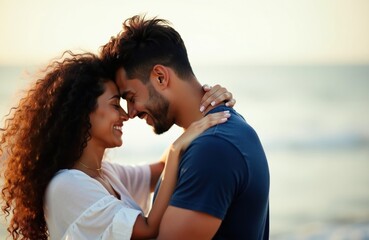 Fototapeta premium Young Hispanic couple embraces forehead to forehead at the beach. Woman has curly dark hair, man has beard. They smile with eyes closed, showing deep affection and love. They are cuddling closely.