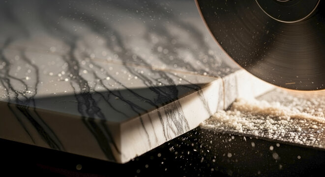 Close up view of a circular saw blade cutting marble tiles, creating fine dust during industrial production. This precise cutting marble tiles operation ensures clean edges for construction material.