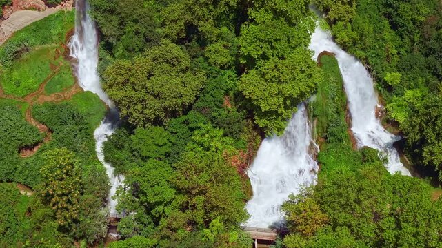 Aerial view of the powerful Waterfalls of Edessa in lush forest, Greece