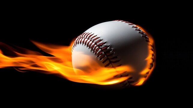 baseball. A baseball engulfed in flames against a dark backdrop, highlighting its stitching with an intense glow. event key visuals, club posters, designed for fitness apps and gym onboarding.