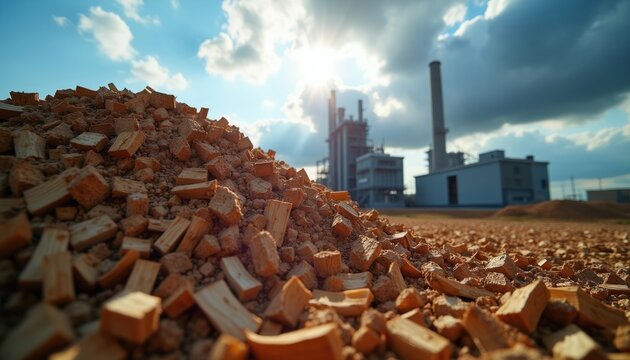 Pile of wood chips and dirt with factory buildings in background. Industrial site with processing plant under cloudy sky. Energy production, resource extraction.