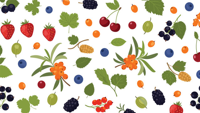 Colorful seamless pattern of various wild berries including strawberries, cherries, blackberries, and blueberries with green leaves.