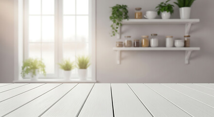 Fototapeta premium Empty white wooden table top in blurred bright kitchen background with shelves