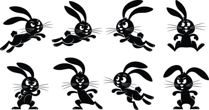 Cartoon rabbit silhouettes in dynamic poses, expressive bunny characters, playful animal artwork, creative illustration design, funny motion graphics, whimsical concept
