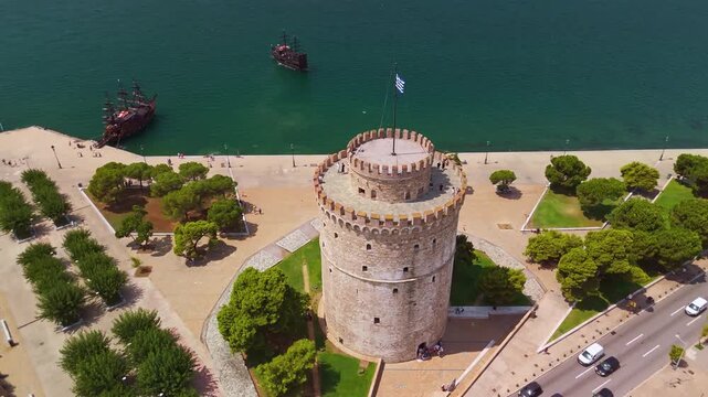 Aerial view of the White Tower of Thessaloniki and Pirate Ships, Greece
