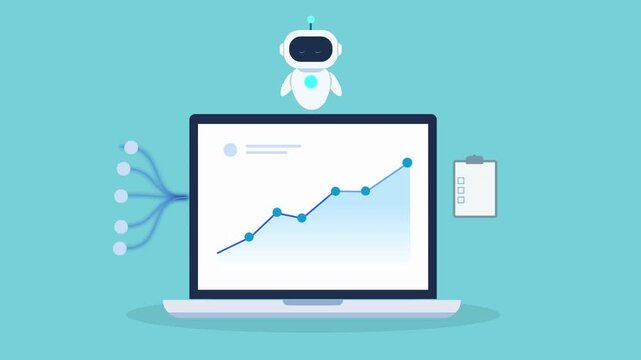 Clean animated video of an AI robot hovering above a laptop with a rising data chart and document icon, representing data reporting, analytics, workflow automation, and digital business processes.