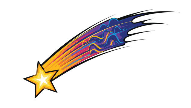 Bright yellow shooting star with a colorful dynamic trail of orange, purple, and blue colors flying over a clean white background.