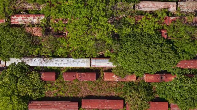 Aerial top down view of old rusty train wagons abandoned on overgrown tracks 