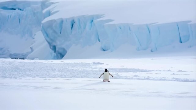 Ad&eacute;lie penguin walking on icy landscape near glacier. A symbol of resilience and adaptation in extreme environments