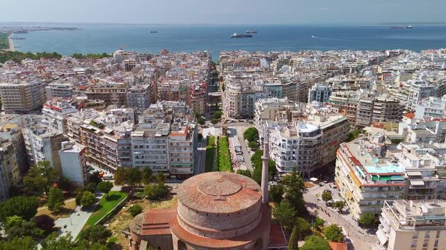 Aerial view of Rotunda of Galerius and Minaret in Thessaloniki, Greece