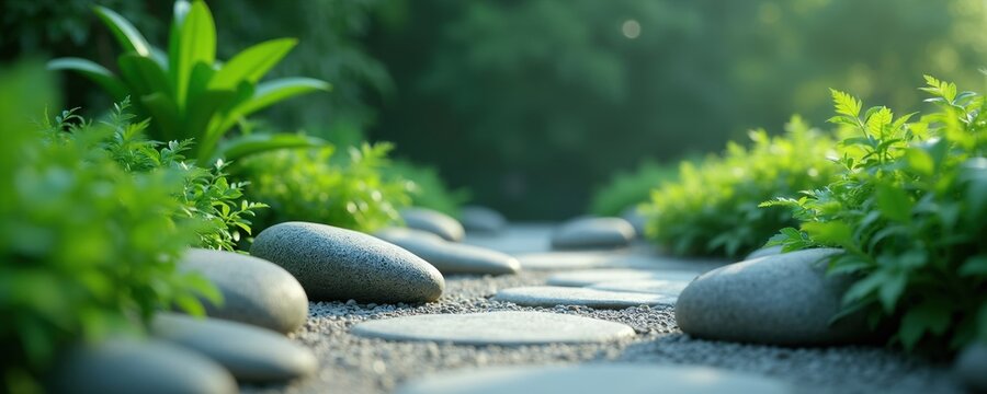 Serene garden path with smooth stones and lush green plants. Gentle sunlight filters through leaves, creating a tranquil natural setting. Peaceful landscaping invites calm and reflection.