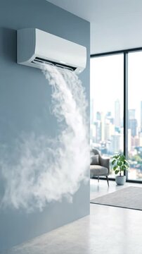Air conditioner blowing thick cold air vapor in modern apartment. Split system AC unit cooling the room with white freezing smoke. Climate control and household ventilation concept