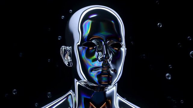 Futuristic metallic humanoid head with reflective surface against a dark background. Represents the intersection of technology and human identity in modern design