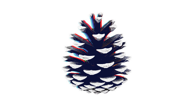 A single, textured pinecone with a grainy risograph effect and noticeable red and blue chromatic aberration is centrally positioned on a clean white background.