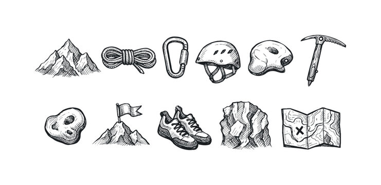 Collection of hand-drawn climbing and mountaineering equipment and symbols