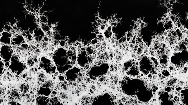malbec. Abstract fungal mycelium network pattern with white filaments and organic branching on dark background. gardening catalogs, home-decor guides, designed for gardening and botanical catalogs.