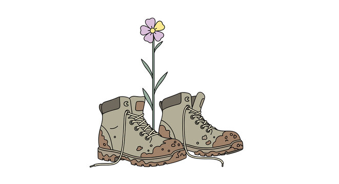 A whimsical illustration showcases a pair of muddy hiking boots with untied laces standing beside a single purple and yellow wildflower on a pristine white background.