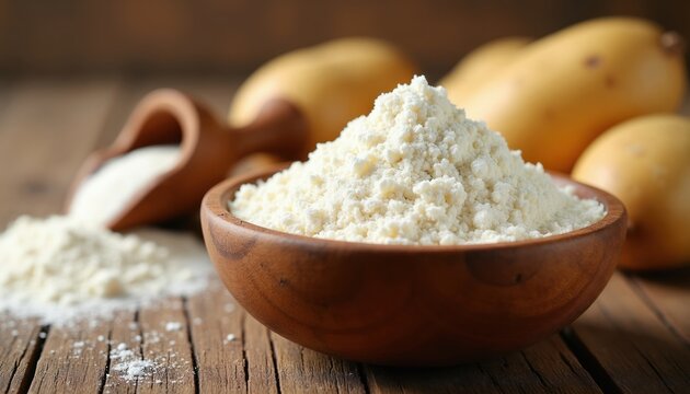 Heap of natural potato starch powder in wooden bowl with whole potatoes in background. Scoop with starch beside bowl on rustic wooden table.