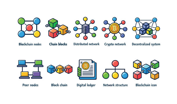 Collection of blockchain and network icons illustrating distributed systems and crypto concepts