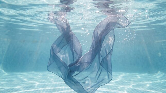Sheer blue fabric floating gracefully underwater, translucent folds and light rays creating serene abstract composition with soft motion and shimmering surface reflection