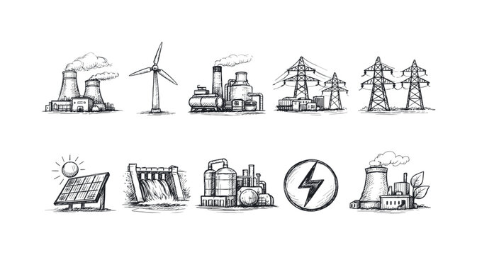 Collection of hand-drawn energy generation and power infrastructure icons