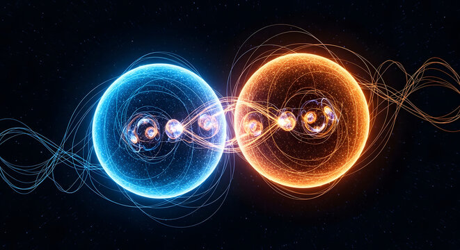 Two glowing energy spheres, one blue and one orange, connected by intricate wavy lines and particles, symbolizing quantum entanglement or atomic interaction.