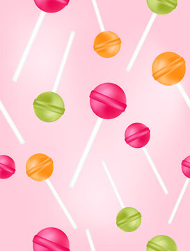 A pattern of lollipops in various flavors on a light pink background.