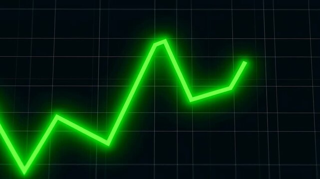 Green line graph showing upward trend on digital screen. Visual representation of financial growth, market analysis, and data insights