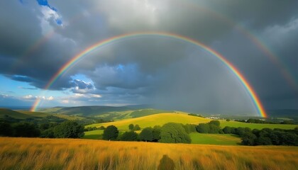 Fototapeta premium Double rainbow arches over rolling green hills and fields after rain. Light breaks through dark clouds creating a vibrant natural spectacle across UK countryside.