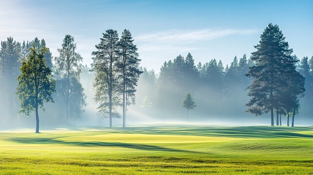 fairway. Golf course with perfectly cut fairway under misty morning skies, surrounded by tall pine trees. event key visuals, club posters, designed for fitness apps and gym onboarding.