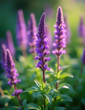 Purple flower spikes grow in a field under sunlight. Green leaves and blurred background show summer nature. Agastache plant is blooming in garden.