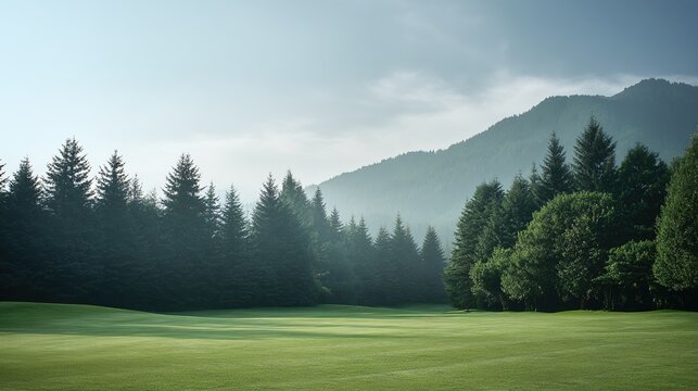 fairway. Golf course with perfectly cut fairway under misty morning skies, surrounded by tall pine trees. event key visuals, club posters, designed for fitness apps and gym onboarding.