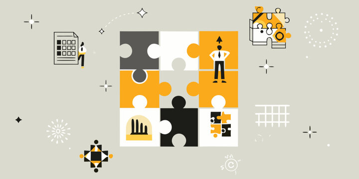 Puzzle pieces with business icons and a school bus vector illustration
