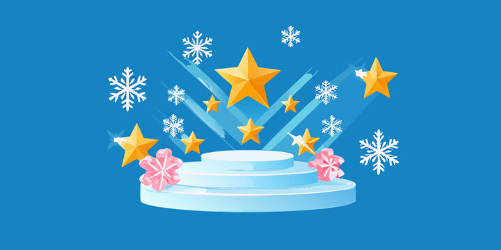 Golden stars and snowflakes around a white podium
