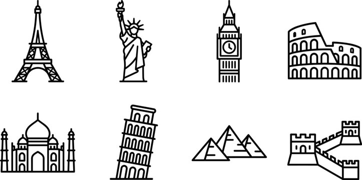 world landmarks icon set, outline travel architecture monuments including tower statue clock colosseum taj mahal pyramids wall isolated on transparent background