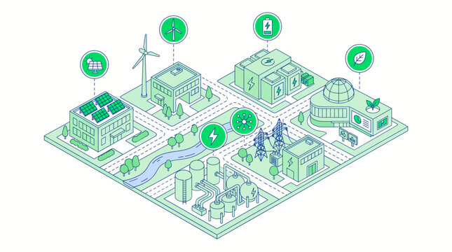 A futuristic cityscape illustration showcases various sustainable buildings and renewable energy sources like wind turbines and solar panels on a green map.
