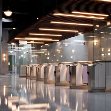 Modern office interior design featuring sleek reception area with glass partitions and warm lighting in a corporate environment