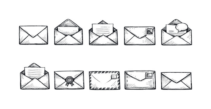Hand-drawn collection of various envelope icons and illustrations