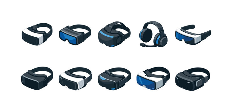 Collection of virtual reality headsets and headphones in isometric view