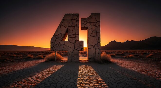Large stone number forty one sign standing in a beautiful desert sunset
