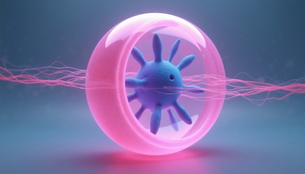 Blue microorganism inside pink protective bubble. Energy waves move around cell. Abstract science concept with digital particles. Futuristic illustration style.