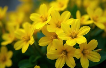 Obraz premium Close-up view of bright yellow primrose flowers blooming in a garden. Delicate petals and green leaves create a vibrant natural scene. Sunlight highlights the delicate detail of each bloom.