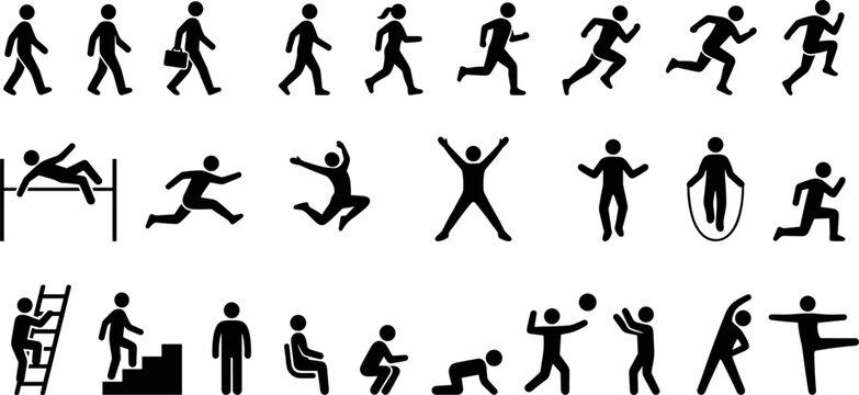 people activity icons set, human figure pictogram for walking running jumping climbing and fitness exercises, simple silhouette symbols isolated on transparent background