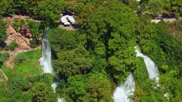 Aerial view of the powerful Waterfalls of Edessa in lush forest, Greece